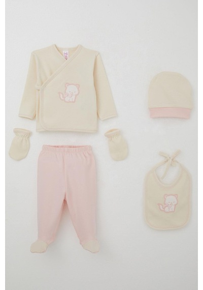 Breeze Kız Bebek Hastane Çıkışı 5 Li Sevimli Kedi Nakışlı Fiyonklu 0-3 Ay, Krem Krem