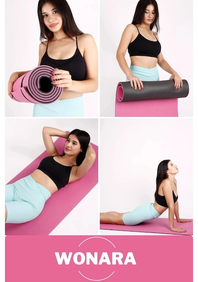 Pratik Taşıma Askılı Kaymaz Yüzeyli Çift Yönlü Fitness Yoga Matı Kamp Çadır Spor Minderi 183x61 Cm Pembe