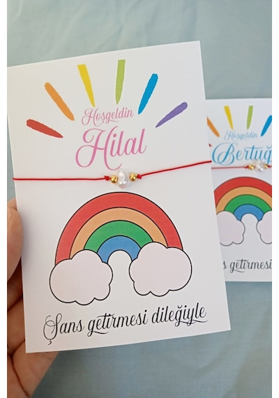 20 Adet Gökkuşağı Kartlı Şans Bilekliği - Bebek Hediyelik - Mevli