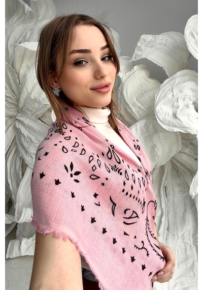 Remsa Desenli Kutjen Kare Omuz Şalı 1401 Pembe