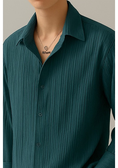 Tarz Cool Erkek Bürümcük Slim Fit Gömlek Yaka Uzun Kollu Gömlek Petrol