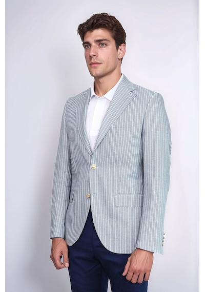 Açık Mavi Çizgili Keten Dokulu Gold Renk Metal Düğmeli Slim Fit Erkek Blazer Ceket Wessi Navy Blue Açık Mavi Çizgili Keten Dokulu Gold Renk Metal Düğmeli Slim Fit Erkek Blazer Ceket Wessi Navy Blue