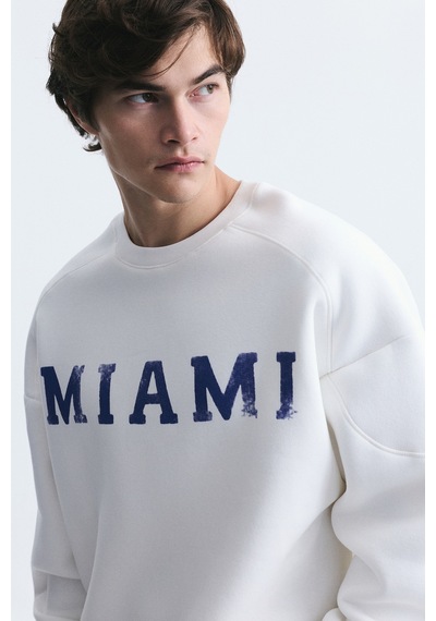 Vamos Miami Baskılı Bisiklet Yaka Sweatshirt Ekru