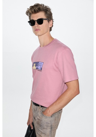 Grimelange Stone Erkek Yuvarlak Yakalı Önü Baskılı Pembe T-shirt