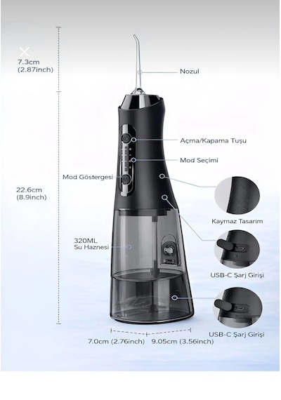 Nvg Ipx7 Ağız Duşu 320ml 5 Başlık 4 Mod 20-140 Psı Şarjlı Kablosuz Pro Diş Temizleme Cihazı Yeni Nesil
