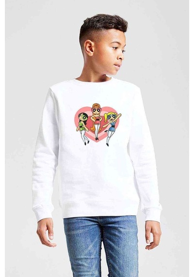 Tshirthane Powerpuff Girls Heart Baskılı Unisex Çocuk Beyaz Sweatshirt Beyaz