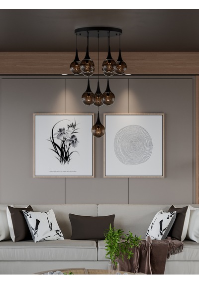 Galaxy Modern 10'lu Sarkıt Siyah Metal Avize - Bal Rengi Cam