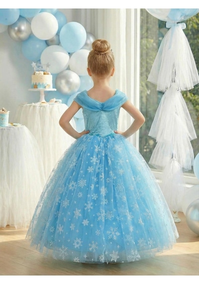 Butikhappykids Kız Çocuk Kostüm Mavi Elsa Frozen Düşük Omuz Detaylı Kasnaklı Kabarık Elsa Kostüm 3-8 Yaş Taç Hediyeli Mavi