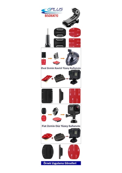 Gplus Bs06kyvj 6 Parça Oval Eğimli Zemin Ve Flat Düz Yüzey Vidalı J-hook Açılı Hızlı Tak Aksiyon Kamera Uyumlu 3m Yapışkanlı Motor Kask Bağlantı Base Seti Siyah