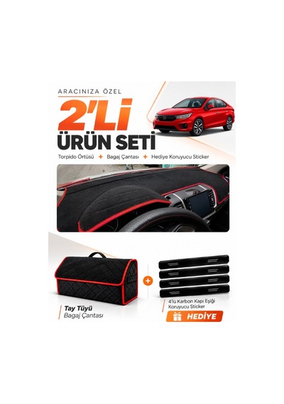 Honda Cıty 2020-2024 Uyumlu Torpido Örtüsü + Tay Tüyü Bagaj Çantası + Sticker Seti - Siyah Kırmızı