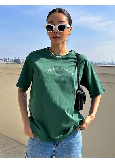 Flood Of Style Kadın Nefti Yeşil Clarity And Candor Baskılı Oversize T-shirt