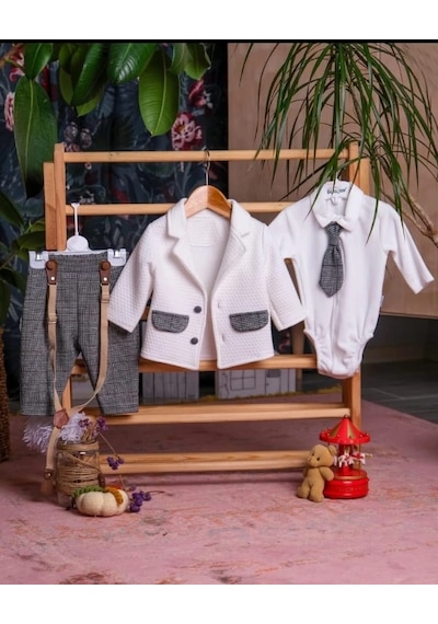 Lamato Baby Kapitoneli Ceketli Ekose Badili Erkek 3'lü Takım Beyaz