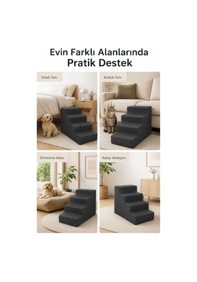 4 Basamaklı Kedi Köpek Merdiveni 54x40x40 Cm, Fermuarlı Yıkanabilir Kılıflı Sert Sünger