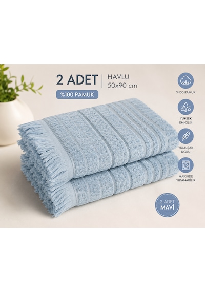 2'li Yüz Havlusu Seti 50x90 Cm Pamuklu El Havlusu Püsküllü Yumuşak Dokulu Yüksek Emici Günlük Kullanım Mavi