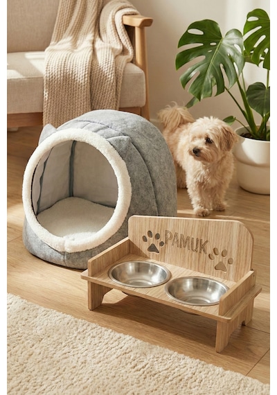 İsim Yazılabilir Kare Mama Kabı Ve Keçe Kedi Ve Küçük Irk Köpek Evi Seti Gri