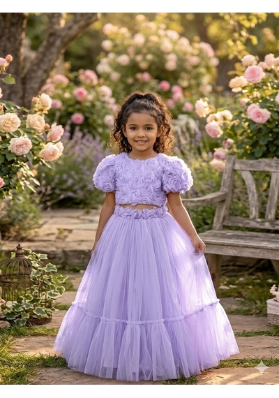 Star Kids Fashion Kız Çoçuk Mor Gül Detaylı Crop Elbise, Kız Çoçuk Mezuniyet Elbisesi Lila