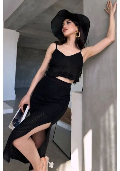 Tane Tasarım Askılı Fırfırlı Crop Bluz Fileli Etek Yazlık Triko Alt Üst Takım Siyah Siyah