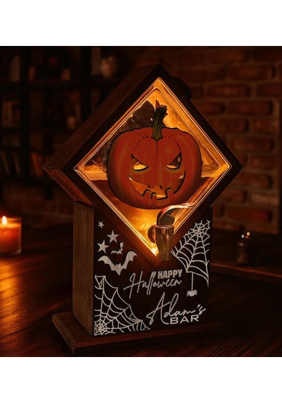 Bk Gift Kişiye Özel Halloween Tasarımlı Viski Çeşmesi Led Işıklı Ve Balkabağı Oymalı Tasarımlı Özel İsimli Cadılar Bayramı Ahşap Viski Çeşmesi Kobit Renkli
