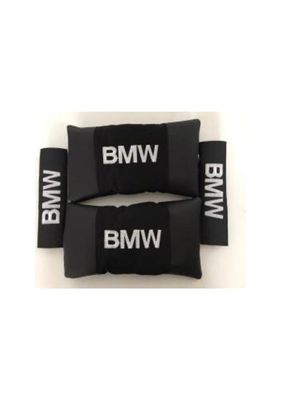 Bmw Nakışlı Deri 1 Çift Boyun Yastık Ve 1 Çift Kemer Pedi Siyah
