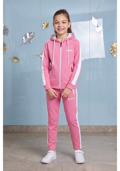 Pina Kids Kız Çocuk Potential Kalın Şeritli Kapüşonlu Düz Paça Dalgıç Kumaş Eşofman Takımı Esf7016 Pembe