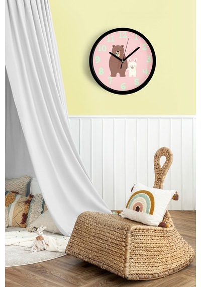 Sevimli Tavşan Ve Ayı Çocuk Odası Modern Duvar Saati - 30cm - Önü Camlı Siyah Kasa-jh0203 Siyah