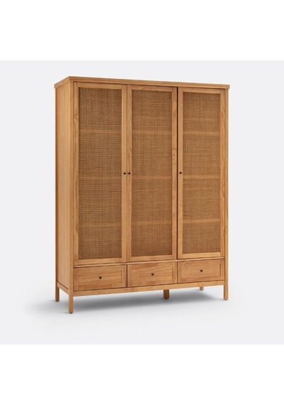 Altea Rattan Detaylı Geniş Masif Gardrop Ahşap