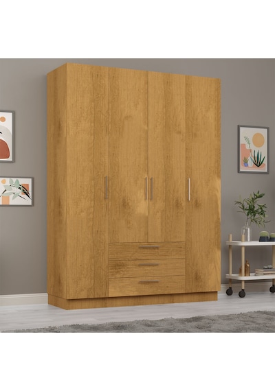 Asra Trend 4 Kapaklı Gardırop G-02 %100 MDF 3 Çekmeceli Fonksiyonel Elbise Dolabı Petra
