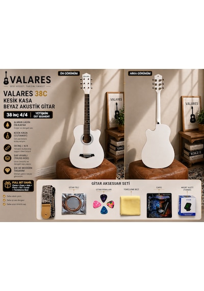 Valares 38c Kesik Kasa Beyaz Akustik Gitar 38 İnç 4/4 Yetişkin Üst Segment Çanta Capo Askı Pena