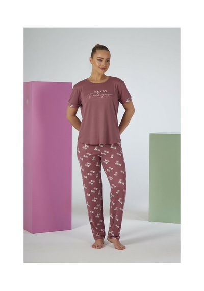 Estiva Kadın Yaprak Alt Desenli Kısa Kollu Soft Pijama Takımı Pudra