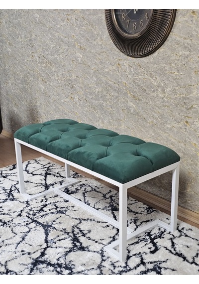 Zafir Beyaz Boyalı - L - Ayaklı 100 Cm X 38 Cm Oturak - Bench - Makyaj Taburesi - Makyaj Oturak Yeşil