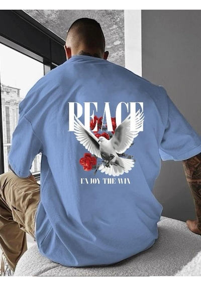 Peace Baskılı Oversize Tişört Bebe Mavisi