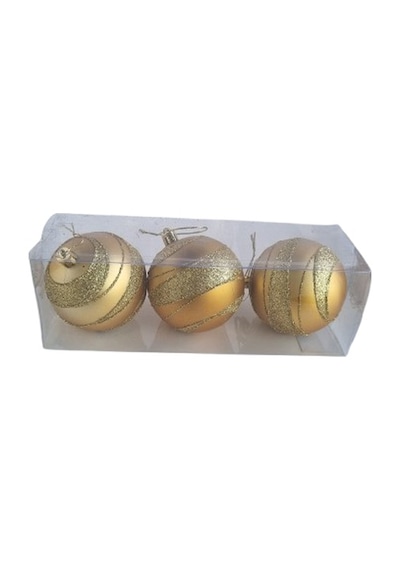 3 Adet Yılbaşı Ağacı Top Süsü 8 Cm - Simli Şeritli Gold Parlak Kaliteli Yılbaşı Dekorasyonu Seti Pvc Kutulu Set
