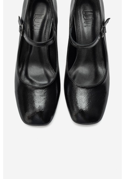 Luvi Shoes Nıcho Siyah Kırışık Rugan Kadın Kalın Topuklu Ayakkabı