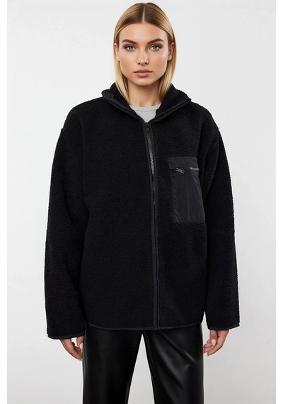 Benerly Kadın Dik Yaka Düşük Kol Tam Fermuarlı Peluş Sweatshirt Fonksiyon siyah