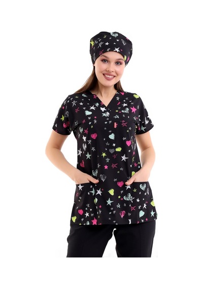 Yarasa Kol Dijital Desenli Üst - 6506 Siyah Yıldız Kalp-7191