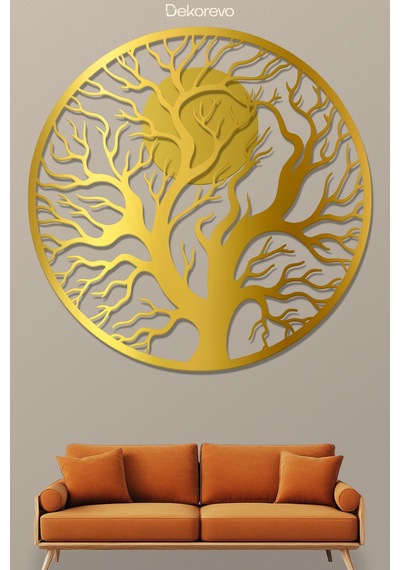 Hayat Ağacı Ve Güneş Metal Duvar Tablosu - Metal Duvar Sanatı - Altın - 75 X 75 Cm