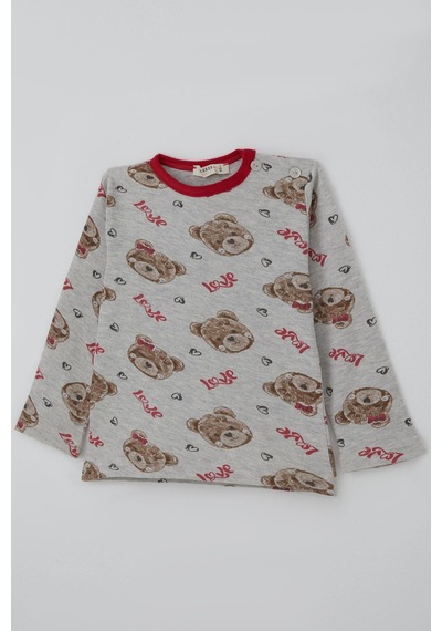 Breeze Kız Bebek Pijama Takımı Sevgi Temalı Fiyonklu Ayıcık Desenli 9 Ay-3 Yaş, Açık Gri Melanj Açık Gri Melanj