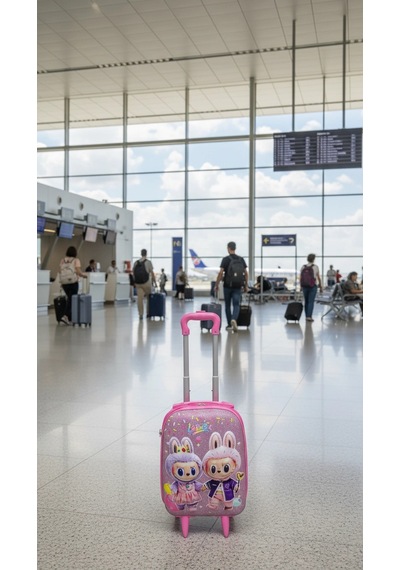 Karakterli Kız Çocuk Pembe Kabin Boy Çekçekli Valiz