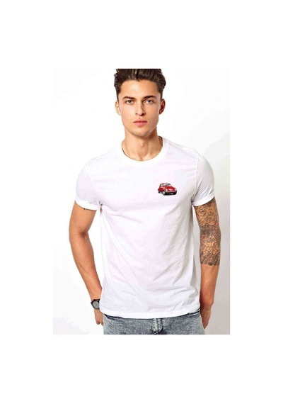Kırmızı Araba Tosbağa Baskılı Beyaz Erkek Tshirt
