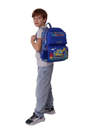 Kaukko Kids Erkek Çocuk Dinazor Ve İş Makinesi Baskılı Okul Çantası - Mavi - Sarı - Mechanic - L5369 Çok Renkli