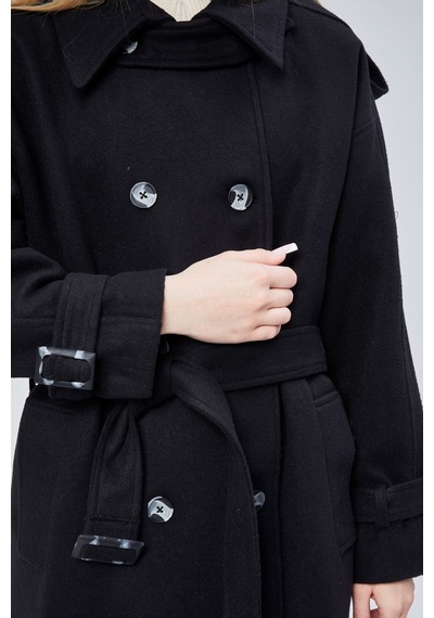 Kuşaklı Oversize Kaşe Kaban Siyah
