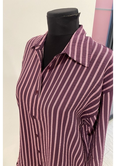 Pera Moda Oversize Çizgili Modal Gömlek Bordo