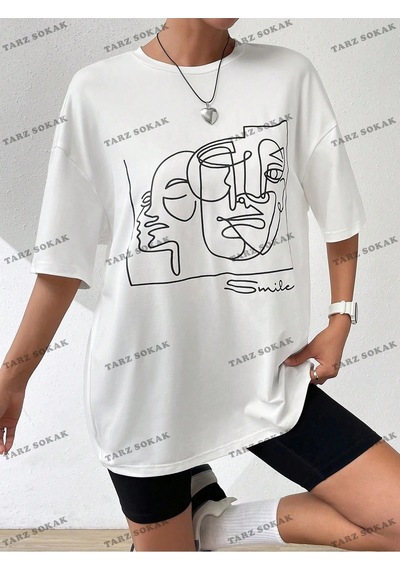 Startmore Unisex Bay Yaz Beyaz Y2k Soyut Şekil Grafik Damla Omuz Tee Grafik Gömlek Kod-1360 Beyaz