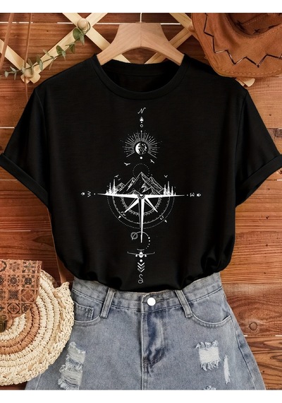 Uyguntarz Unisex Pusula Baskılı Tasarım Tshirt Siyah