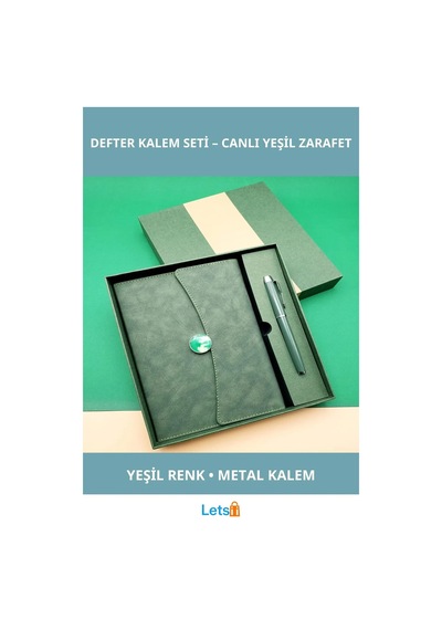 Yeşil Renk Şık Çizgili Defter Metal Kalem Hediye Seti Çok Renkli