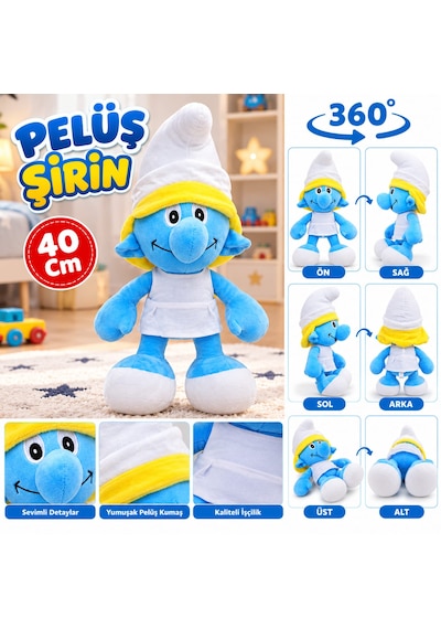 Oyuncak Peluş Şirinler Şirin Baba-şirine-gözlüklü Şirin-gülen Şirin Sevimli Oyun Arkadaşı Hediyelik 40 Cm Mavi - Sarı