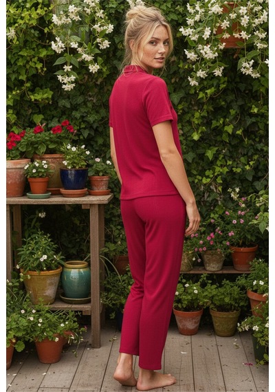 Siyah İnci Pointel Ajurlu/delikli Kısa Kollu Düğmeli Örme Pijama Takım26120536 Vişne