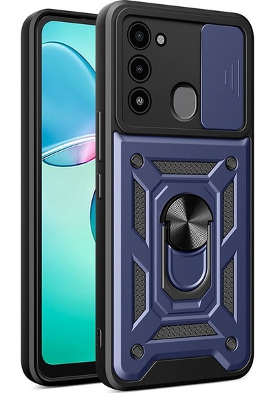Noktaks - Tecno Uyumlu Tecno Spark 8c - Kılıf Sürgülü Kamera Korumalı Yüzüklü Çift Katman Zırh Tank Vega Kapak - Mavi
