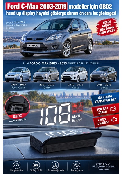 Ford C-max 2003-2019 Modeller İçin Obd2 Head Up Display Hayalet Gösterge Ekranı Ön Cam Hız Göstergesi
