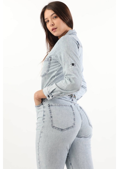 Kadın Etnik Desenli Kemerli Jean Tulum Açık Mavi